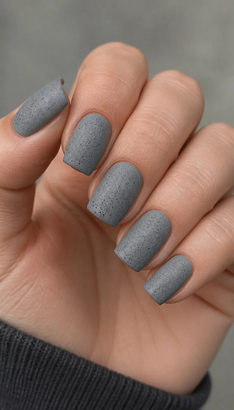 16. Matte Grey Speckled Stone close-up shot of a woman’s hand with five fingers showing square-shaped nails in a matte grey finish, speckled with small black dots to mimic a stone or concrete texture.