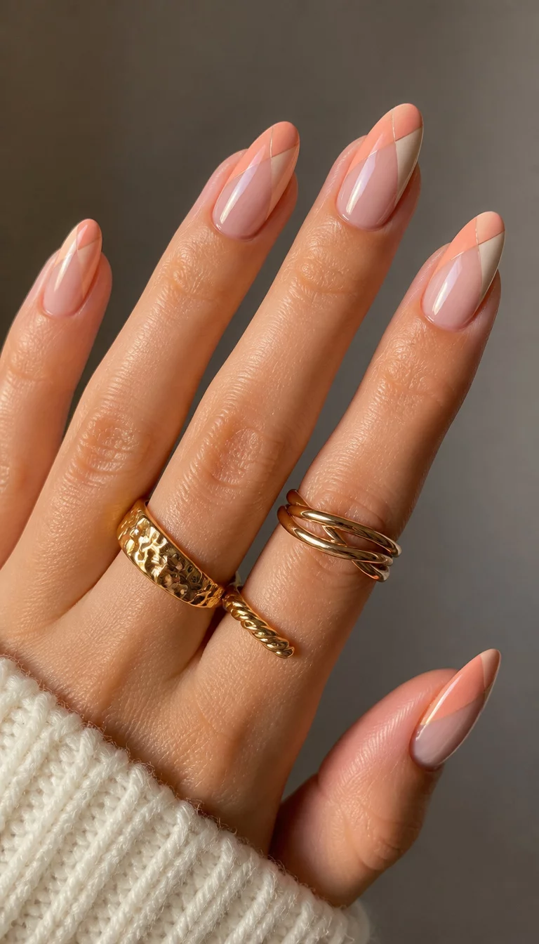12. Modern Diagonal Split French close-up shot of a woman’s hand with five fingers showing almond-shaped nails with a modern diagonal French tip split between a sheer peachy tone and neutral polish, accessorized with textured gold rings.