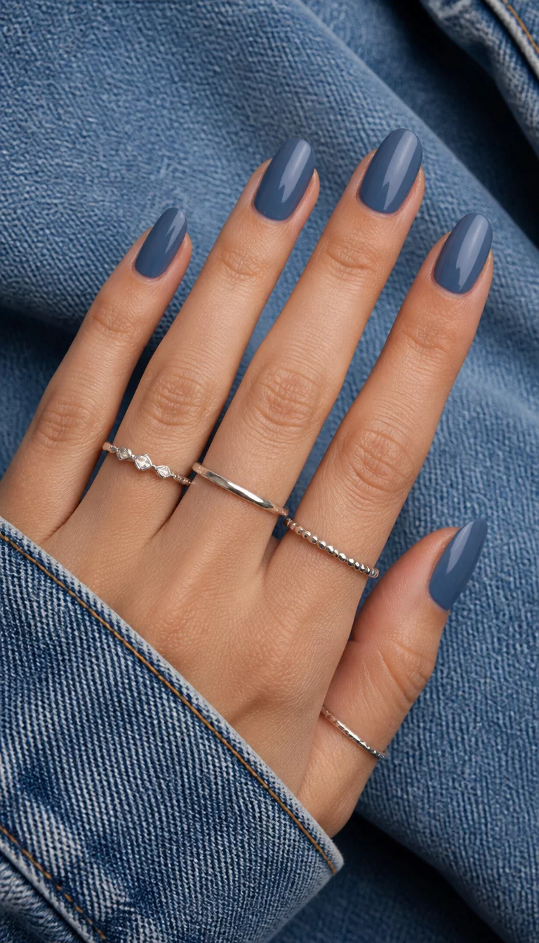 21. Slate Blue And Denim Vibes close-up shot of a woman’s hand with five fingers showing glossy, slate blue nails, paired with delicate silver rings and denim fabric background.