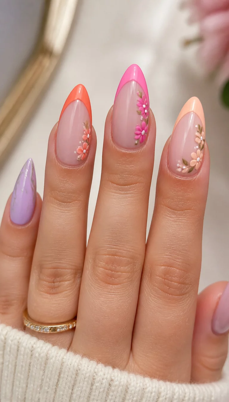 25. Lavender And Peach Triptych close-up shot of a woman’s hand with five fingers showing a triptych of nail styles: pointed lavender with silver line art, coral and pink French tips with floral accents, and peach French tips with floral accents.