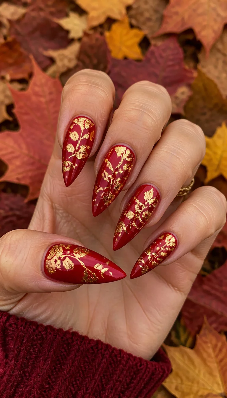 9. Vibrant Red With Gold Leaf Intricacy close-up shot of a woman’s hand with five fingers showing stiletto nails painted in a vibrant red with intricate gold leaf designs, against a backdrop of fallen autumn leaves.