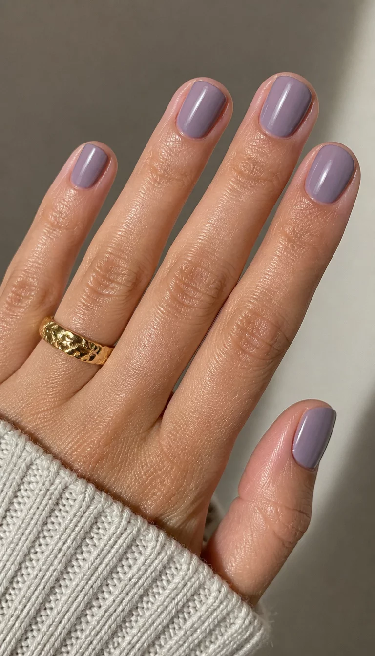 26. Muted Lavender Minimalist close-up shot of a woman’s hand with five fingers showing short, oval nails painted in a soft, muted lavender shade, adorned with a textured gold ring.