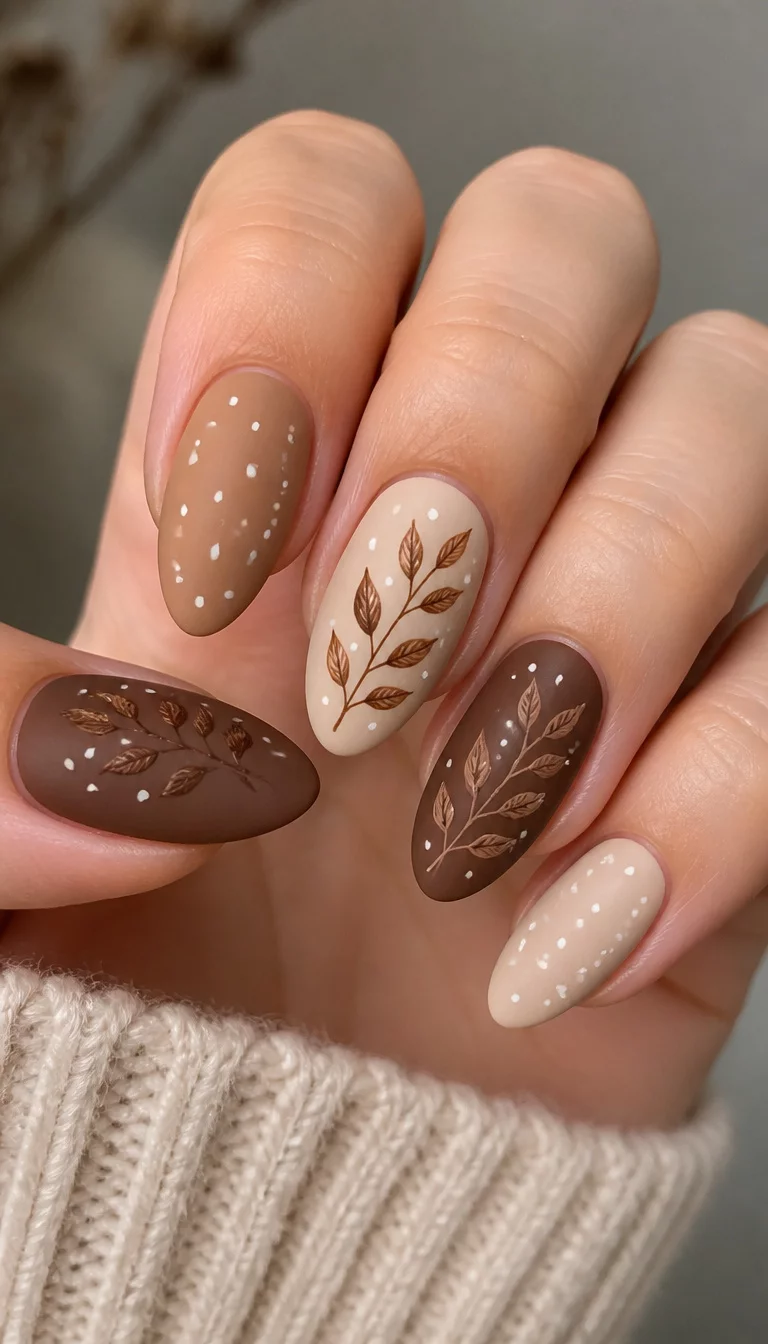 23. Matte Brown Leaves And Polka Dots close-up shot of a woman’s hand with five fingers showing almond-shaped nails with a matte brown and beige base, decorated with scattered white dots and detailed brown leaf motifs.