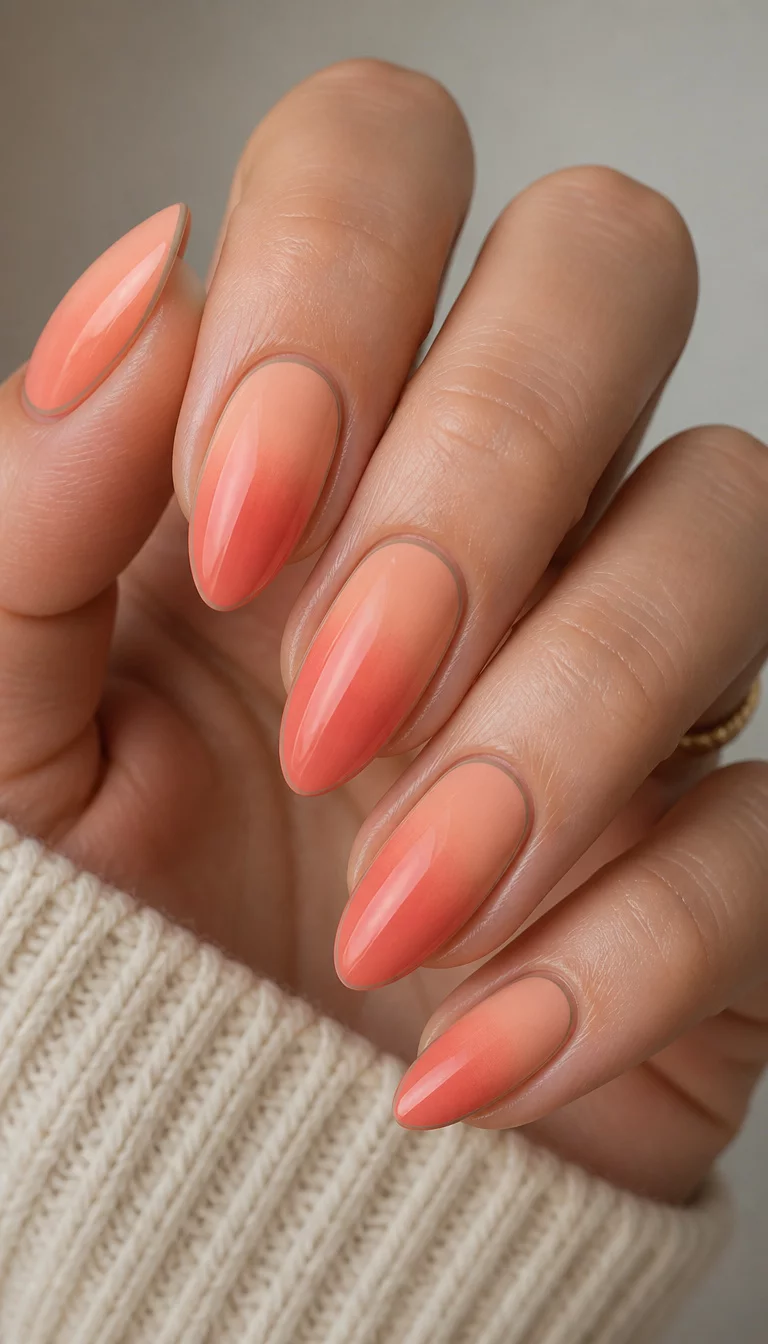 7. Coral And Peach Ombre Swirl close-up shot of a woman’s hand with five fingers showing almond-shaped nails with a soft ombre blend of warm coral and peachy tones, outlined with a fine neutral line.