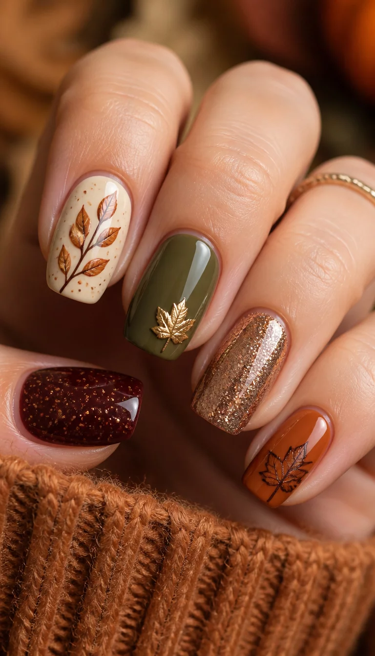8. The Ultimate Autumn Collage close-up shot of a woman’s hand with five fingers showing a variety of fall-themed nail designs including leaf patterns, glitter, and earthy tones, suggestion of an autumn nail collection.