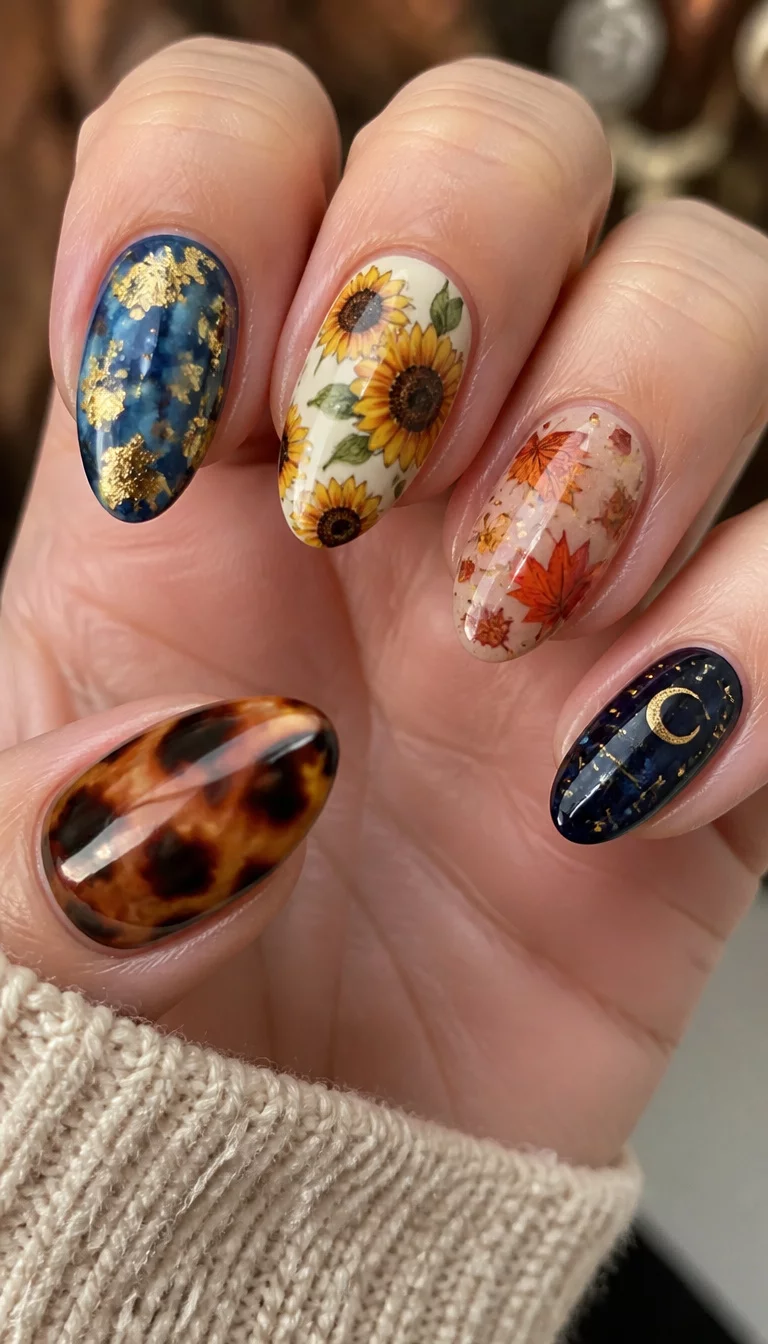 15. Eclectic Autumn Pattern Mix close-up shot of a woman’s hand with five fingers showing diverse nail designs including tortoise shell, blue with gold foil, sunflowers, fall leaves, and celestial patterns.