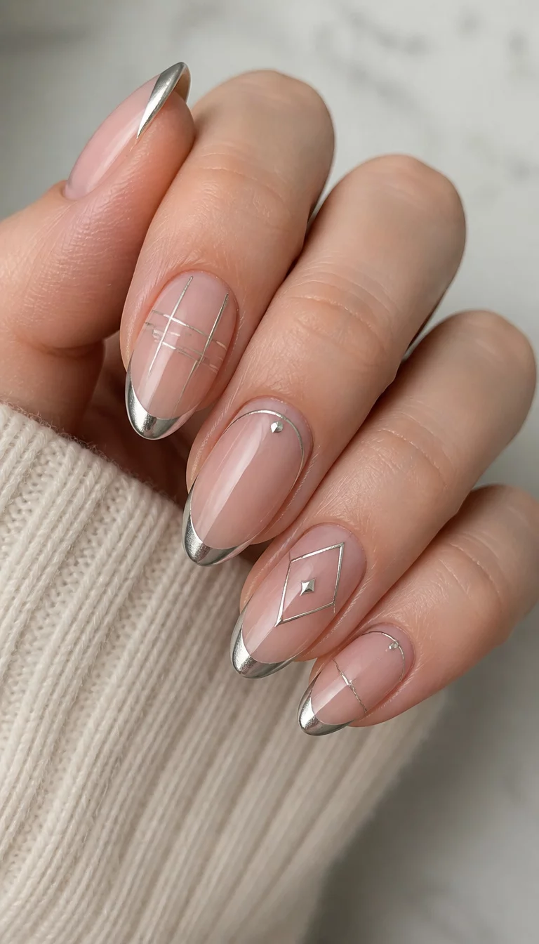 3. Metallic Geometrics On Sheer Bases close-up shot of a woman’s hand with five fingers showing almond-shaped nails with a sheer natural base and subtle metallic French tips, adorned with delicate silver lines and geometric accents.