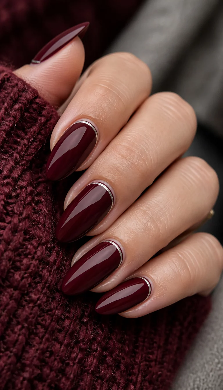 6. Deep Burgundy With Cuticle Accents close-up shot of a woman’s hand with five fingers showing almond-shaped nails in a deep wine-red hue, accented with a fine silver line along the cuticle, against a textured sweater.