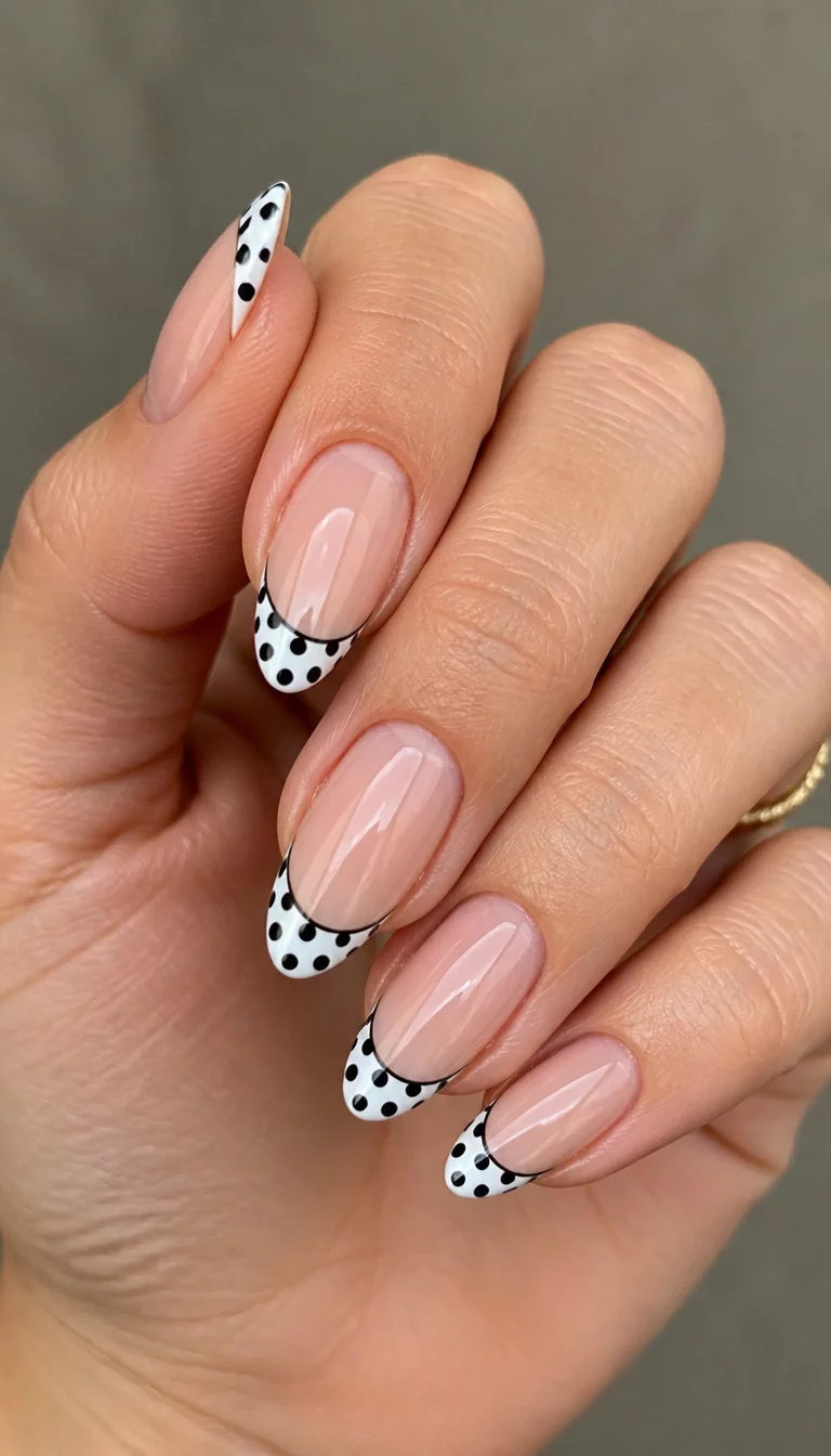 14. Black And White Polka Dot Tips close-up shot of a woman’s hand with five fingers showing almond-shaped French tip nails adorned with a black and white polka dot pattern along the tips, against a natural skin tone.