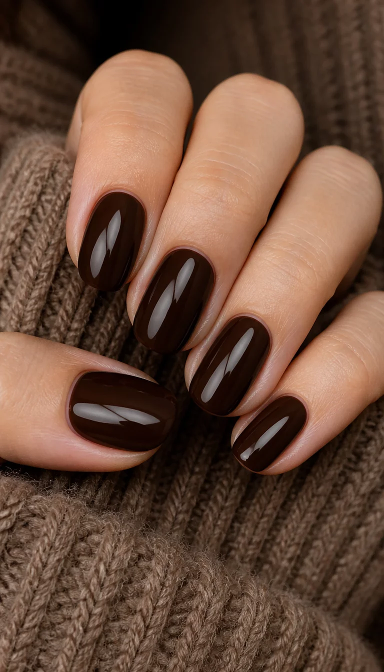 20. Glossy Dark Chocolate Oval close-up shot of a woman’s hand with five fingers showing oval-shaped nails in a rich, glossy dark chocolate brown, against a knitted sweater.