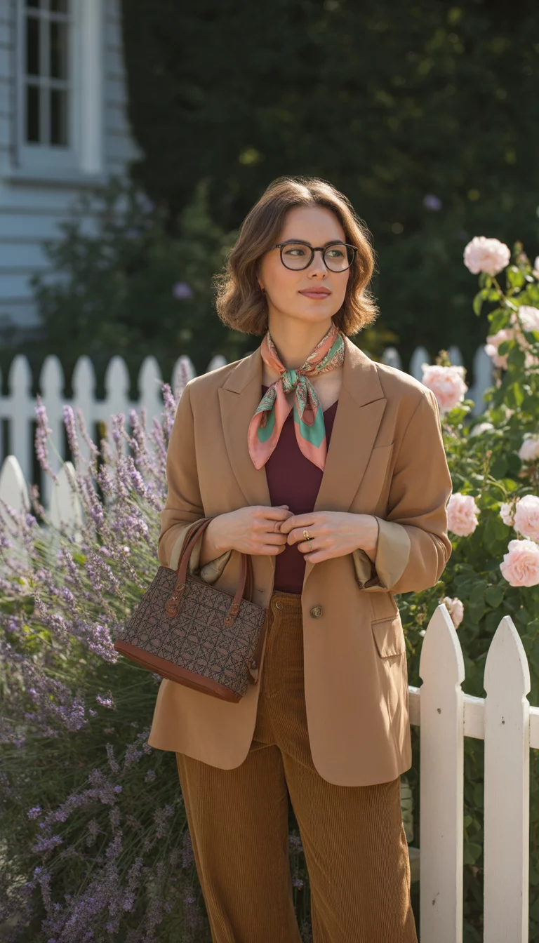 Earth Tones And Corduroy A beautiful woman with glasses and a colorful scarf, wearing a tan blazer, maroon top, and brown corduroy pants, holding a patterned brown handbag in a yard.