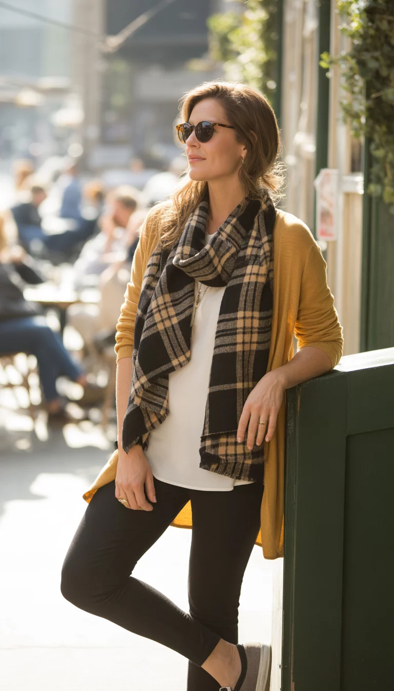 The Mustard Cardigan Pop A beautiful woman in a mustard cardigan, white top, black leggings, and slip-on sneakers, wearing a large black and beige plaid scarf and sunglasses.