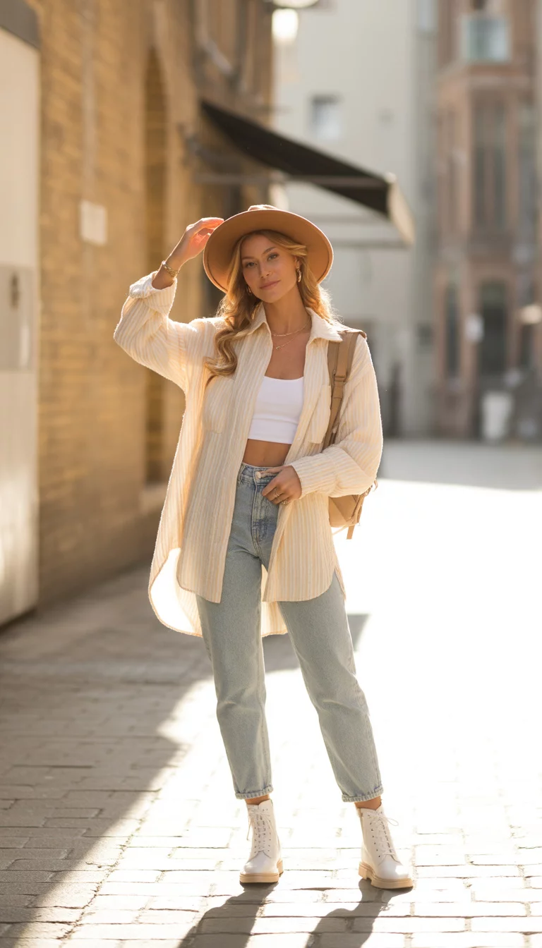 The Fedora And Shacket Look A beautiful woman in a cream shacket over a white crop top, light wash jeans, and white lace-up boots, wearing a tan fedora and a backpack.
