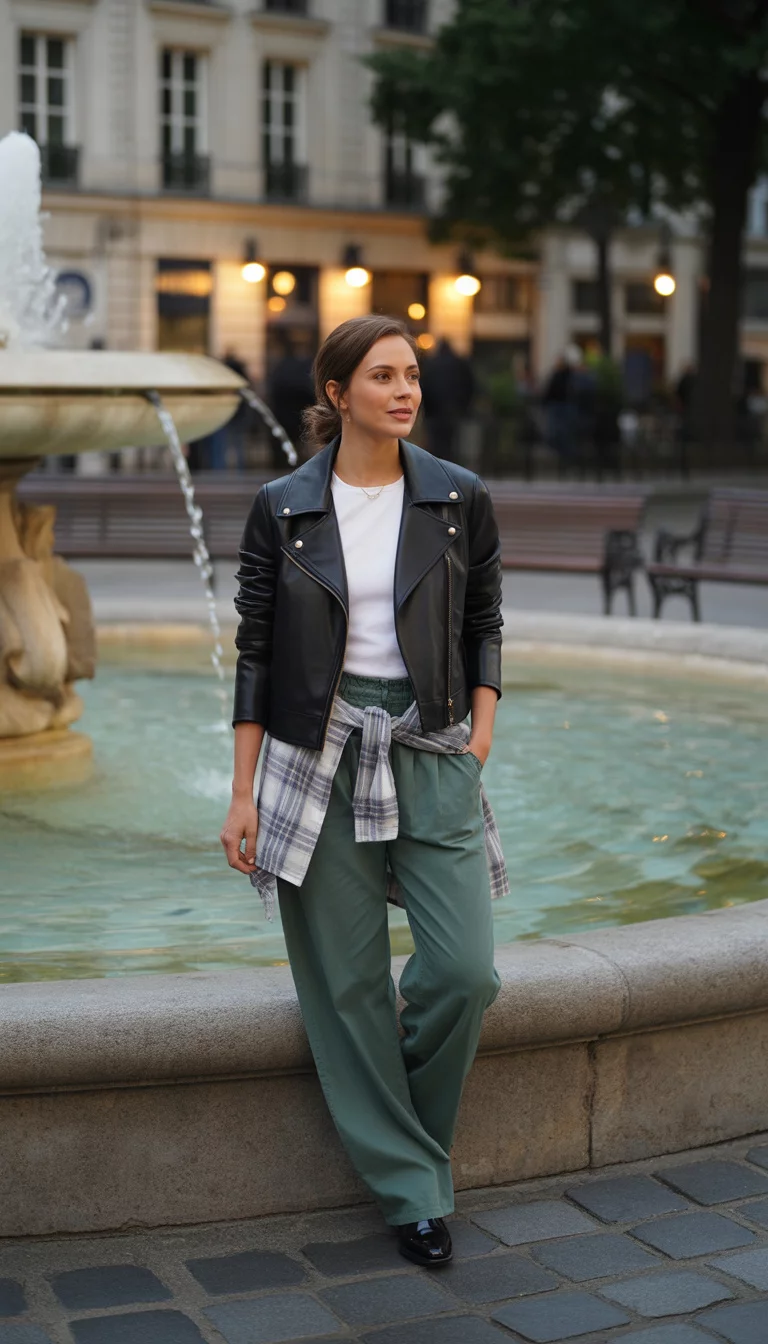 Parisian Inspired Layers A beautiful woman in a black jacket over a white top, a tied plaid shirt, and baggy green pants, standing near a fountain in Paris.