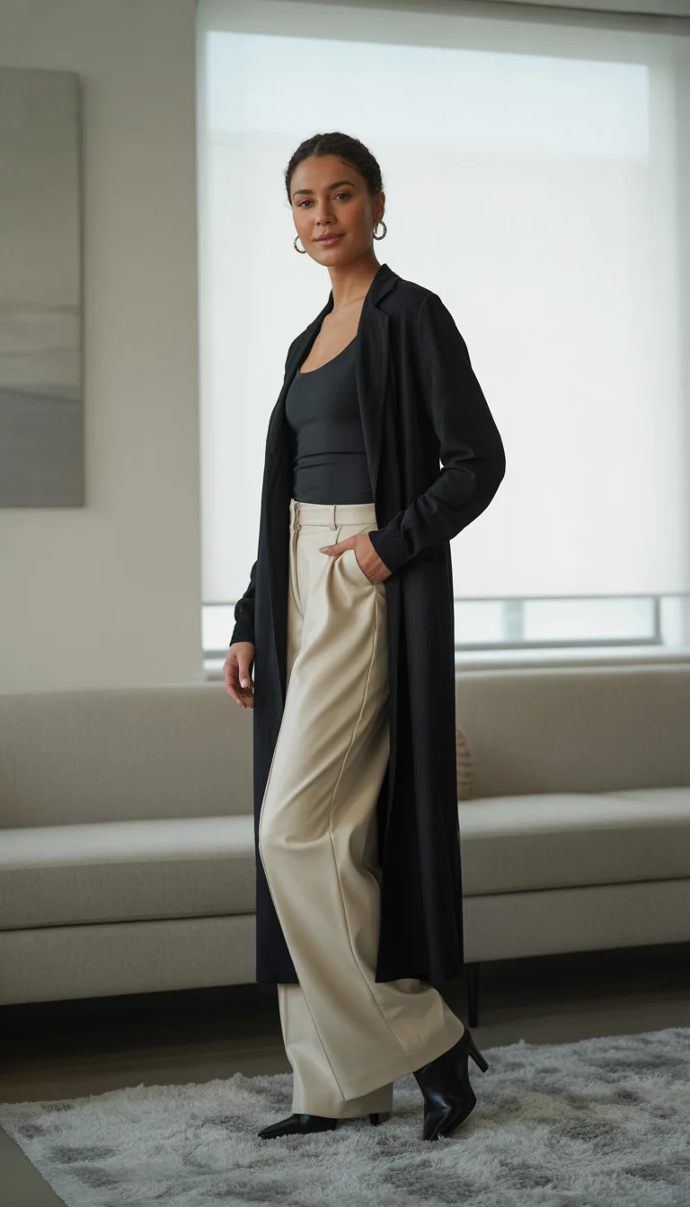 Modern Apartment Elegance A beautiful woman in a black long cardigan, black top, cream wide-leg pants, and black boots, standing in a modern apartment.