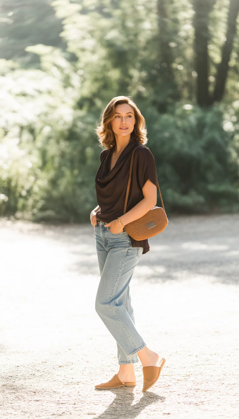 Deep Brown Cowl Neck A beautiful woman in a dark brown cowl neck top, light wash jeans, and tan slip-on mules, holding a brown woven crossbody bag.