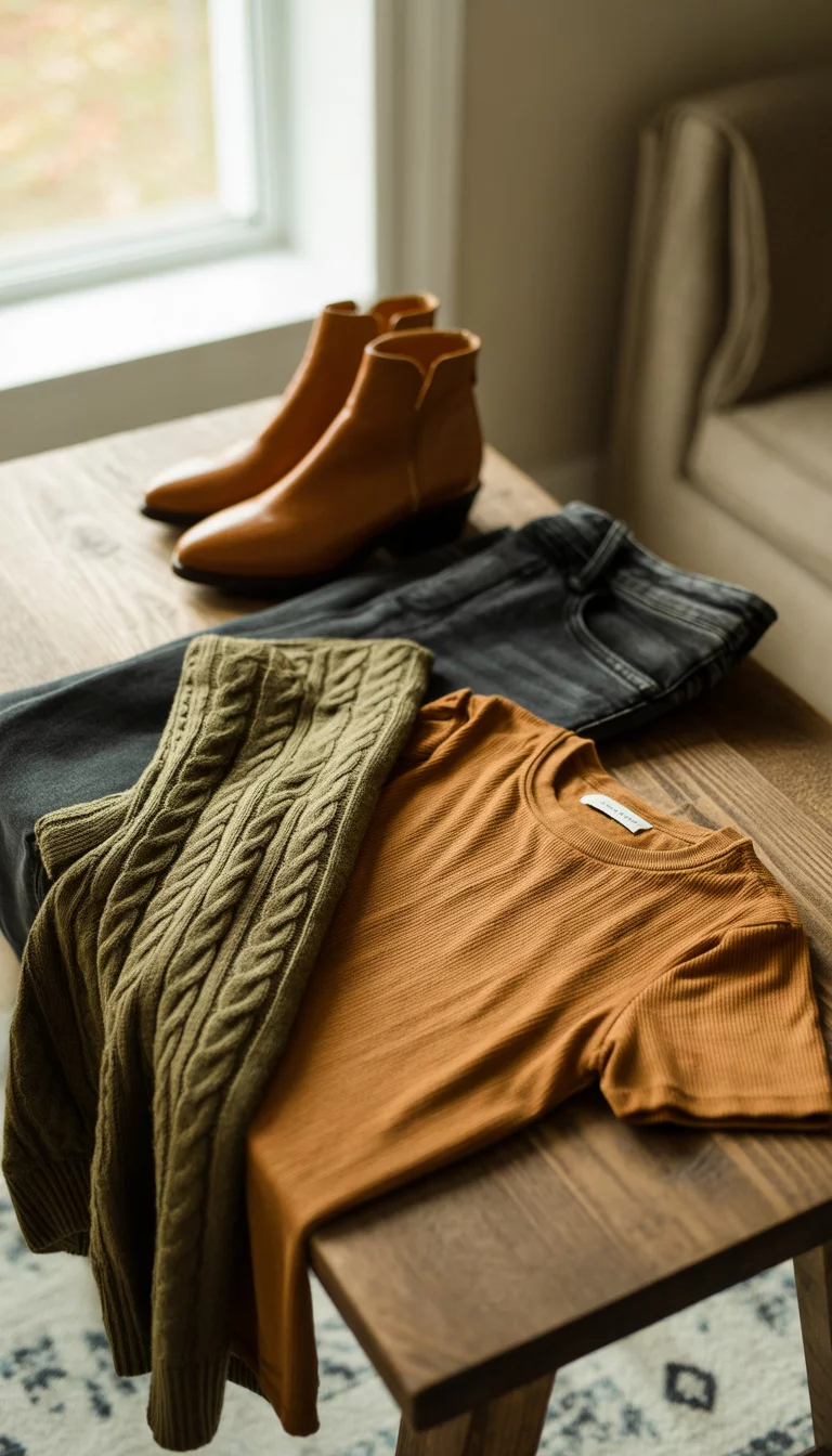 Pumpkin Themes And Olive Knits An olive green cardigan, a tan pumpkin t-shirt, dark wash jeans, and tan ankle boots, laid out on a flat surface.