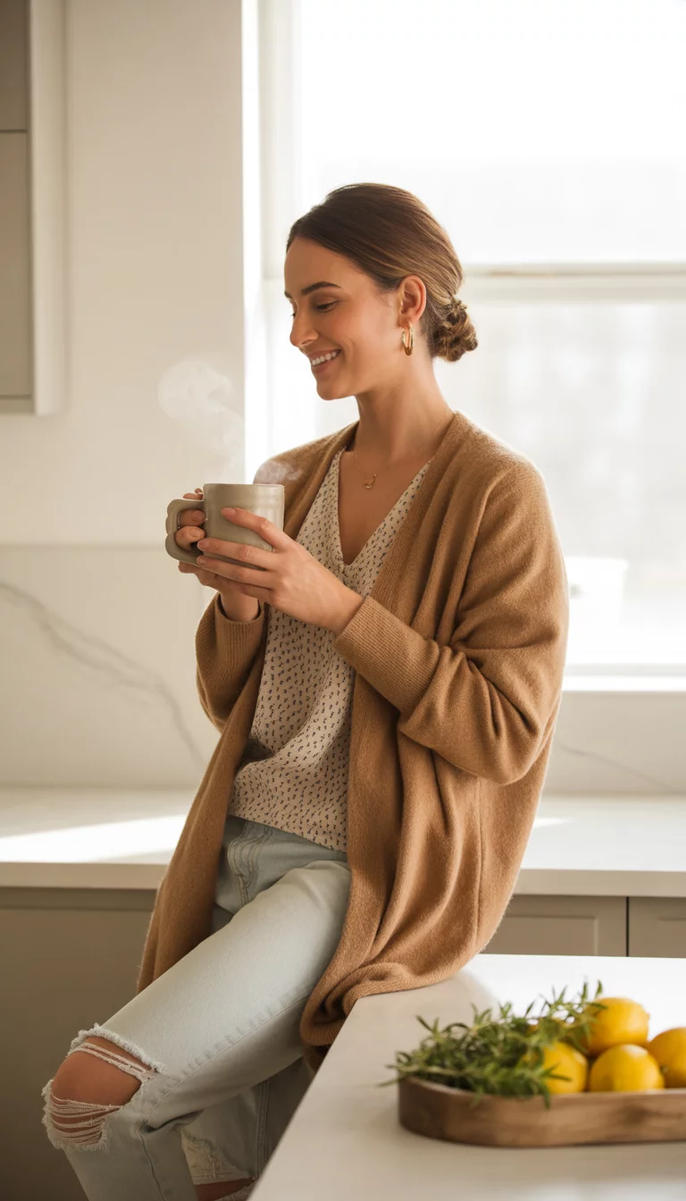 Kitchen Comfort In Camel A beautiful woman in a camel cardigan, polka dot top, and ripped light wash jeans, holding a coffee mug in a modern kitchen.