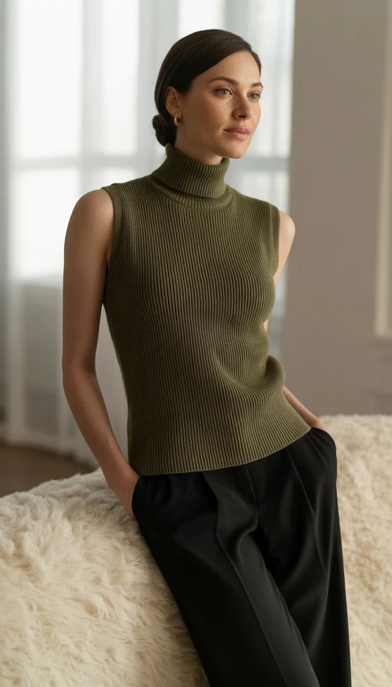 Olive Green Sleeveless Turtleneck A beautiful woman in an olive green sleeveless turtleneck sweater and black wide-leg pants, standing on a carpeted floor.