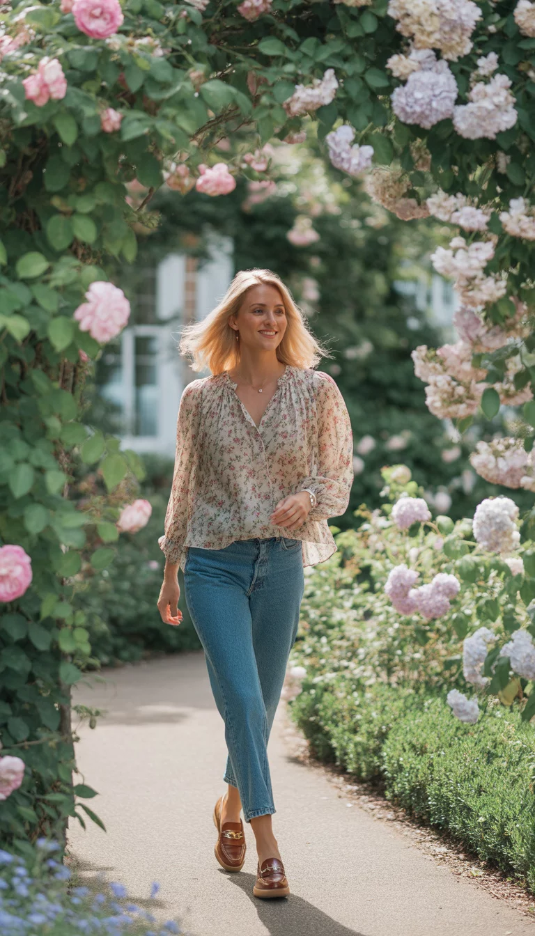 Floral Prints In The Garden A beautiful blonde woman in a floral print blouse, blue jeans, and brown loafers, walking on a paved path in a garden.