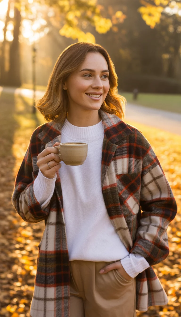 Plaid Jacket In The Park A beautiful woman in a plaid jacket over a white sweater and beige pants, smiling and holding a coffee in a park with autumn leaves.