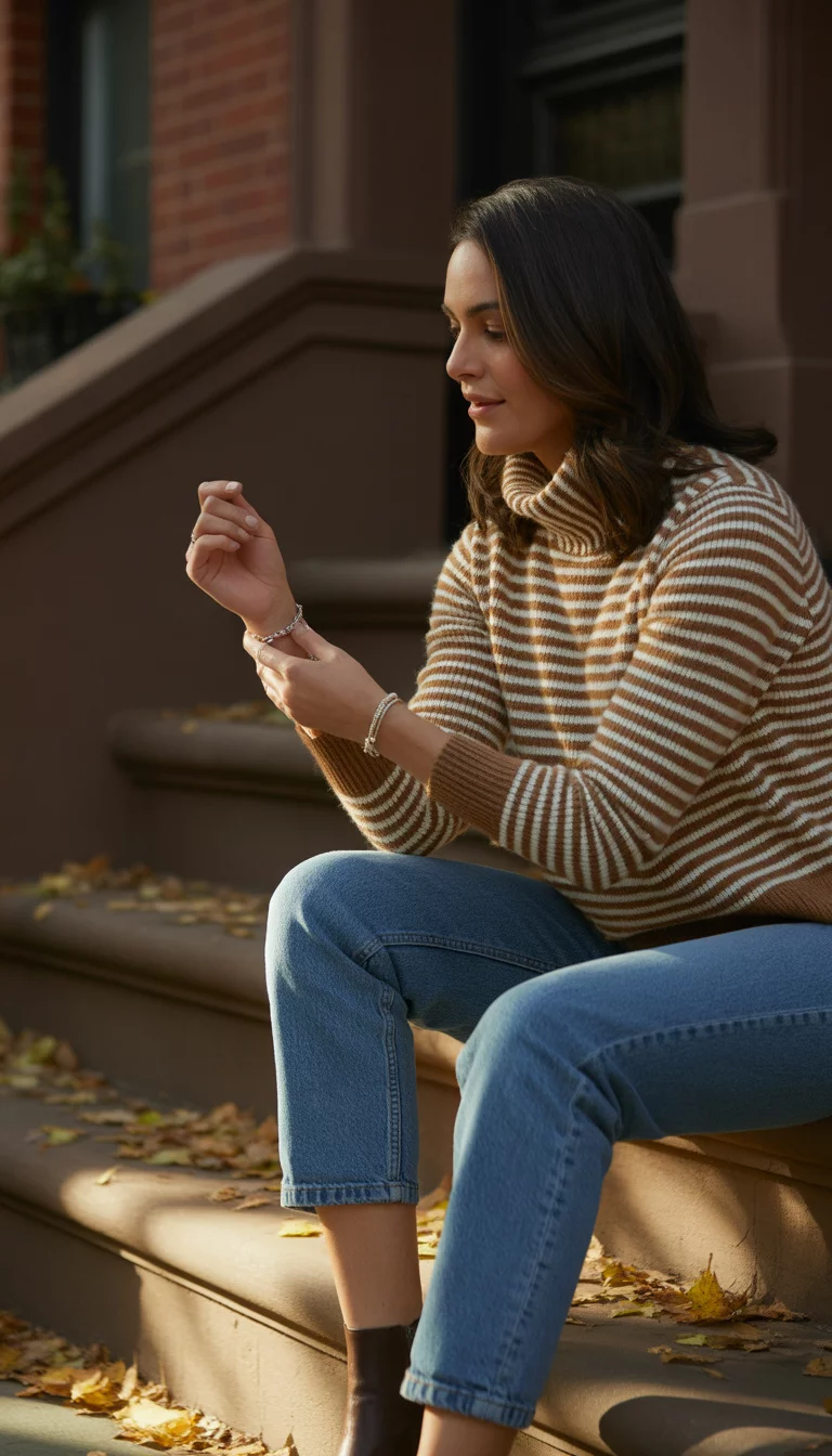 Striped Turtleneck And Cropped Denim A beautiful woman in a brown and white striped turtleneck sweater, cropped jeans, and ankle boots, looking down at her wrist while standing on a brownstone stoop.