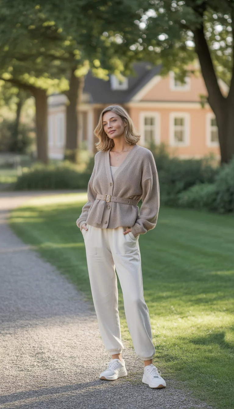 Belted Cardigan Relaxation A beautiful woman in a beige belted cardigan, white sweatpants, and white sneakers, posing on a gravel path in a suburban neighborhood.