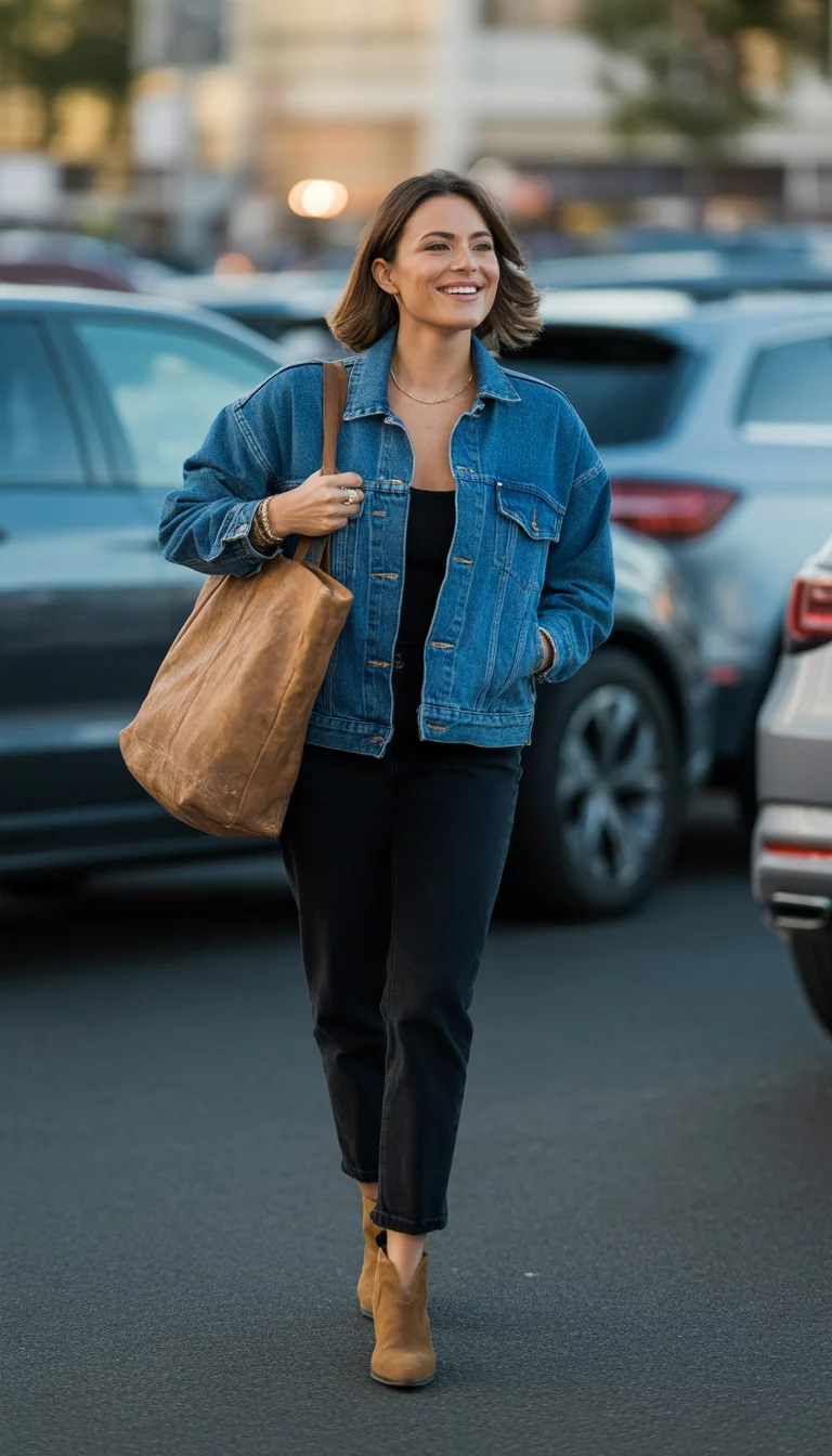 Classic Denim Jacket Combo A beautiful woman in a denim jacket, black top, black jeans, and tan booties, carrying a large brown tote bag, smiling in a parking lot.