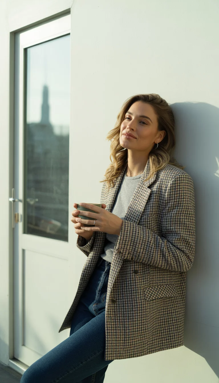 Plaid Blazer Casual A beautiful woman in a plaid blazer, grey t-shirt, and blue jeans, holding a coffee cup and leaning against a white wall by a glass door.