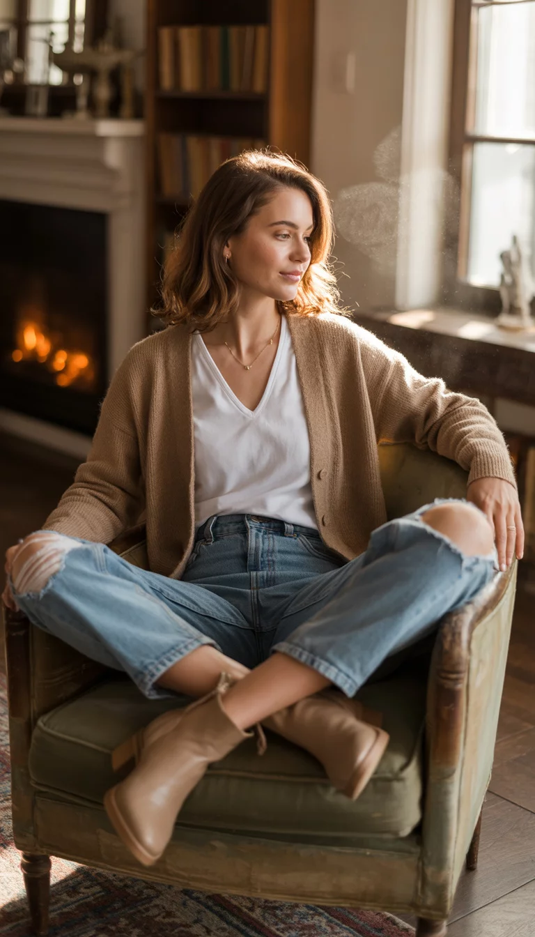 Mirrored Selfie Style A beautiful woman in a tan cardigan, white v-neck shirt, distressed jeans, and light tan booties at home.