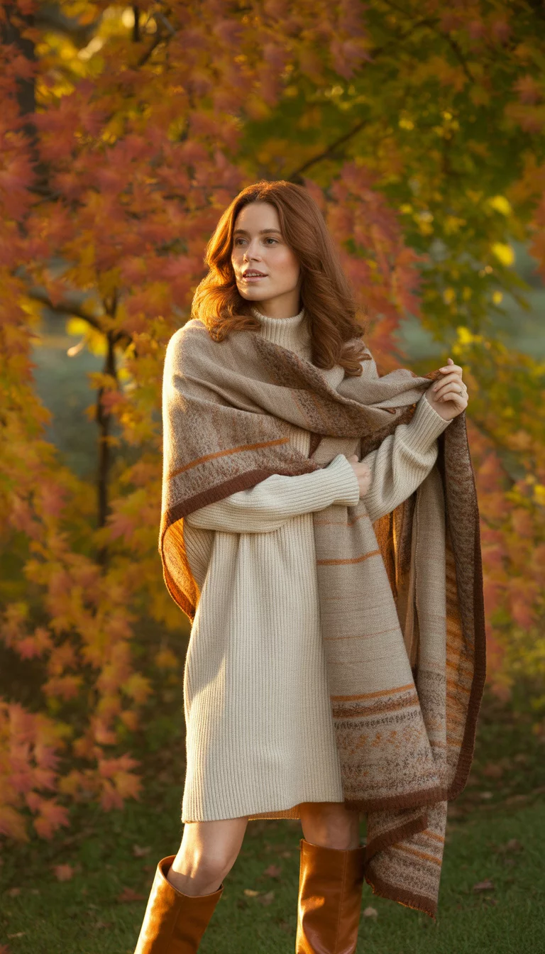 Cozy Sweater Dress Neutrals A beautiful woman in a cream sweater dress, caramel boots, and a large beige and brown scarf, posing outdoors in autumnal foliage.