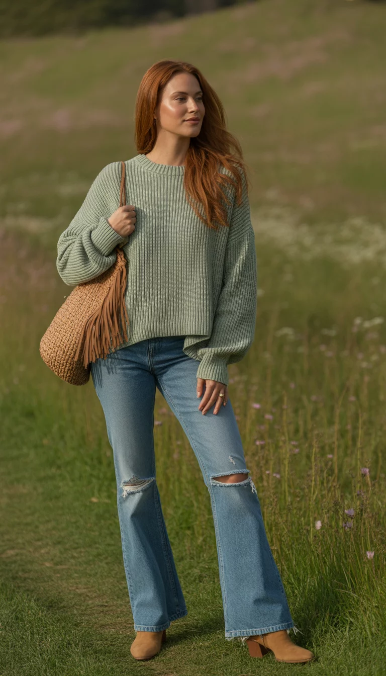 Sage Green And Distressed Denim A beautiful woman in a sage green chunky sweater, distressed flared jeans, tan suede ankle boots, and a fringe bag.