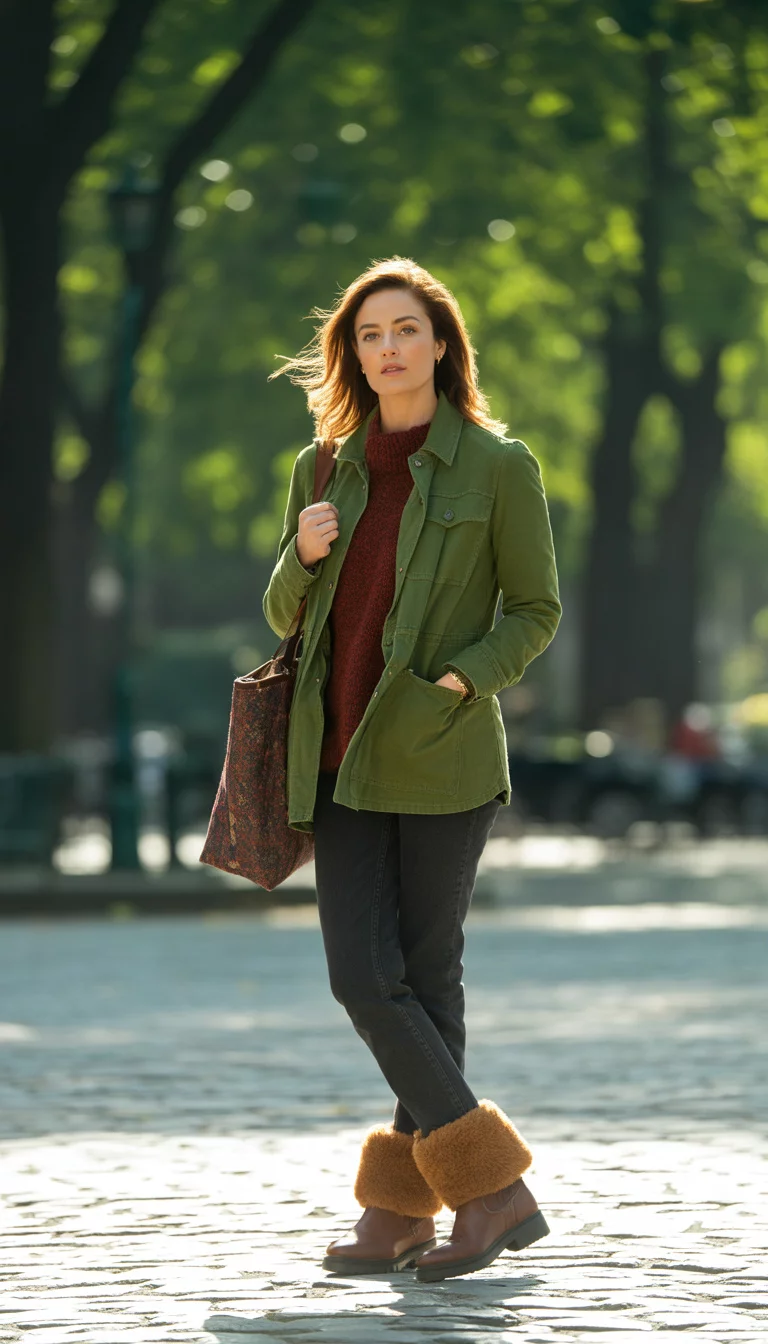 Utilitarian Green And Maroon A beautiful woman in a green utility jacket, maroon sweater, and dark wash jeans, wearing plush brown boots and carrying a patterned brown tote bag.