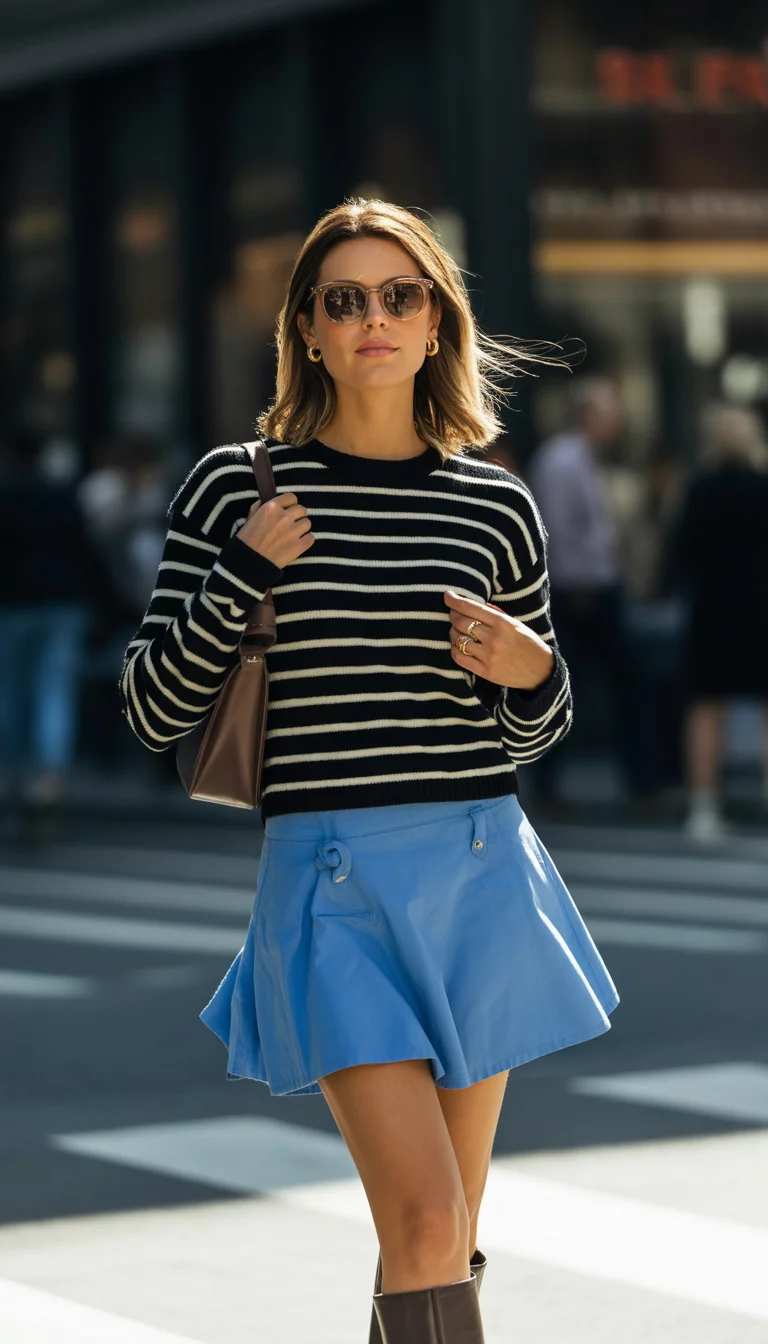 Stripes And Mini Skirts A beautiful woman in a striped sweater, light blue mini skirt, and tall dark brown boots, accessorizing with a brown shoulder bag and sunglasses.