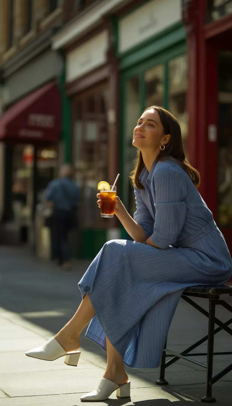 A beautiful woman in a blue and white pinstripe shirt dress with white mules, sipping a drink on a city sidewalk near storefronts.