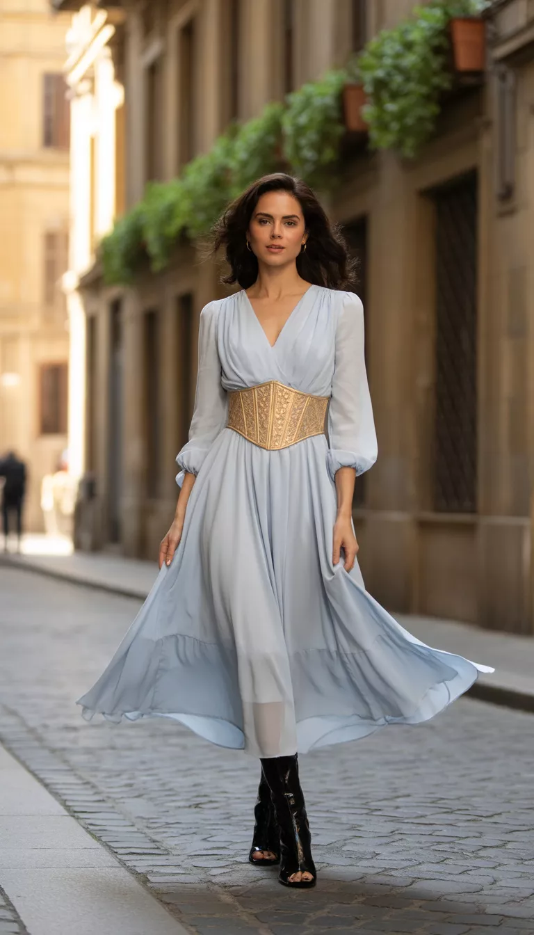 A beautiful woman in a pale blue midi dress cinched with a gold corset belt, wearing black peep-toe boots, standing on a cobblestone street.