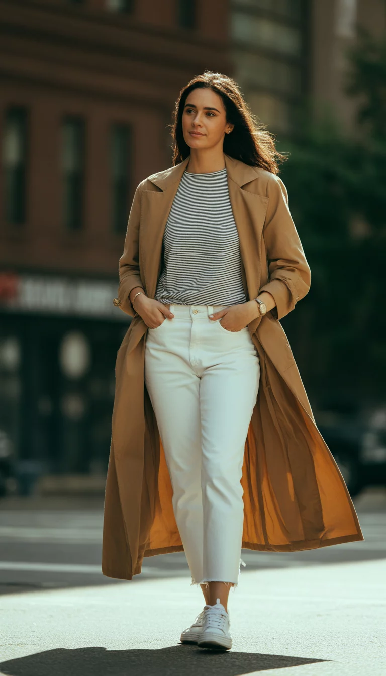 A beautiful 30-year-old woman in a long tan coat, striped t-shirt, white cropped jeans, she wears white sneakers, outdoors.