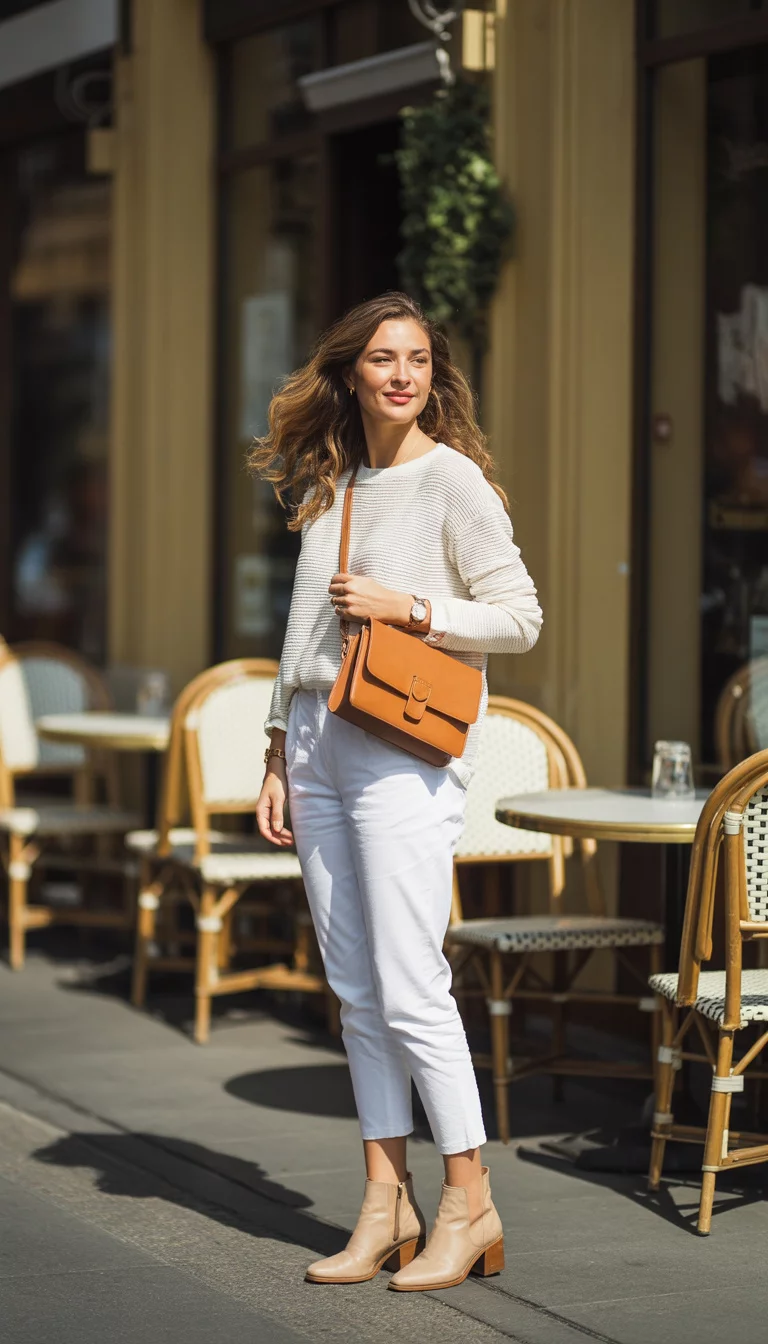 A beautiful 28-year-old woman in a cream textured sweater, white cropped pants, beige ankle boots, she carries a tan crossbody bag, standing outside.