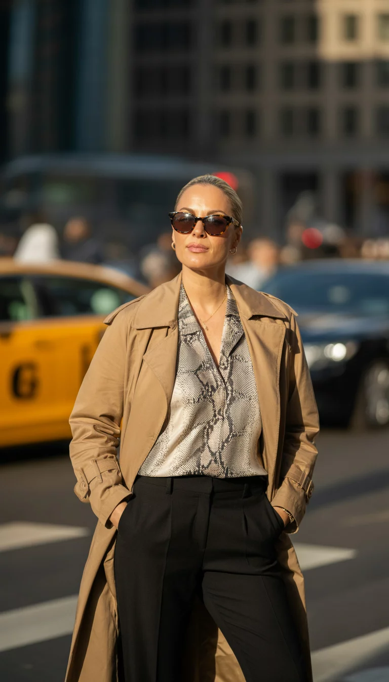 A beautiful 38-year-old woman in a tan trench coat, snakeskin top, black pants, she wears dark sunglasses, poses outdoors.