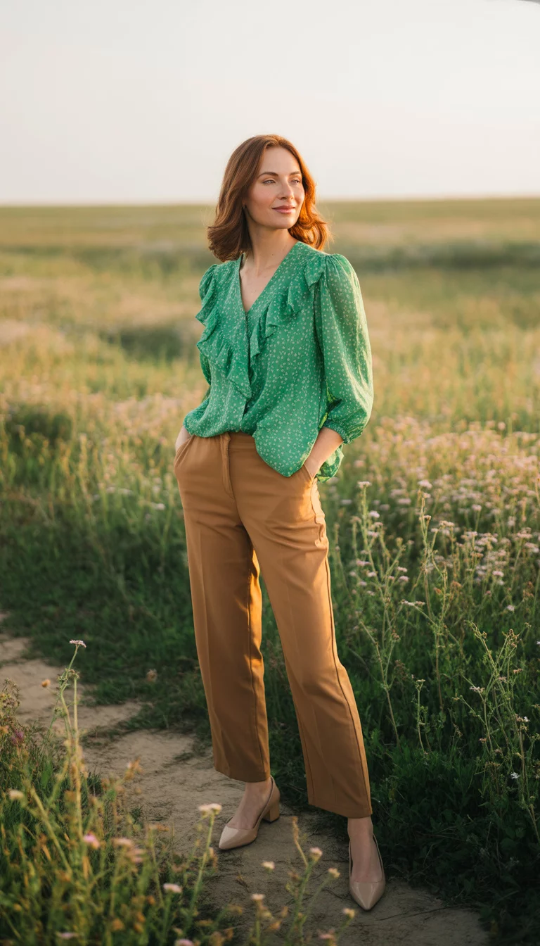 A beautiful 33-year-old woman in a green polka dot blouse with ruffles, tan pants, she wears nude pointed-toe flats, outdoors.