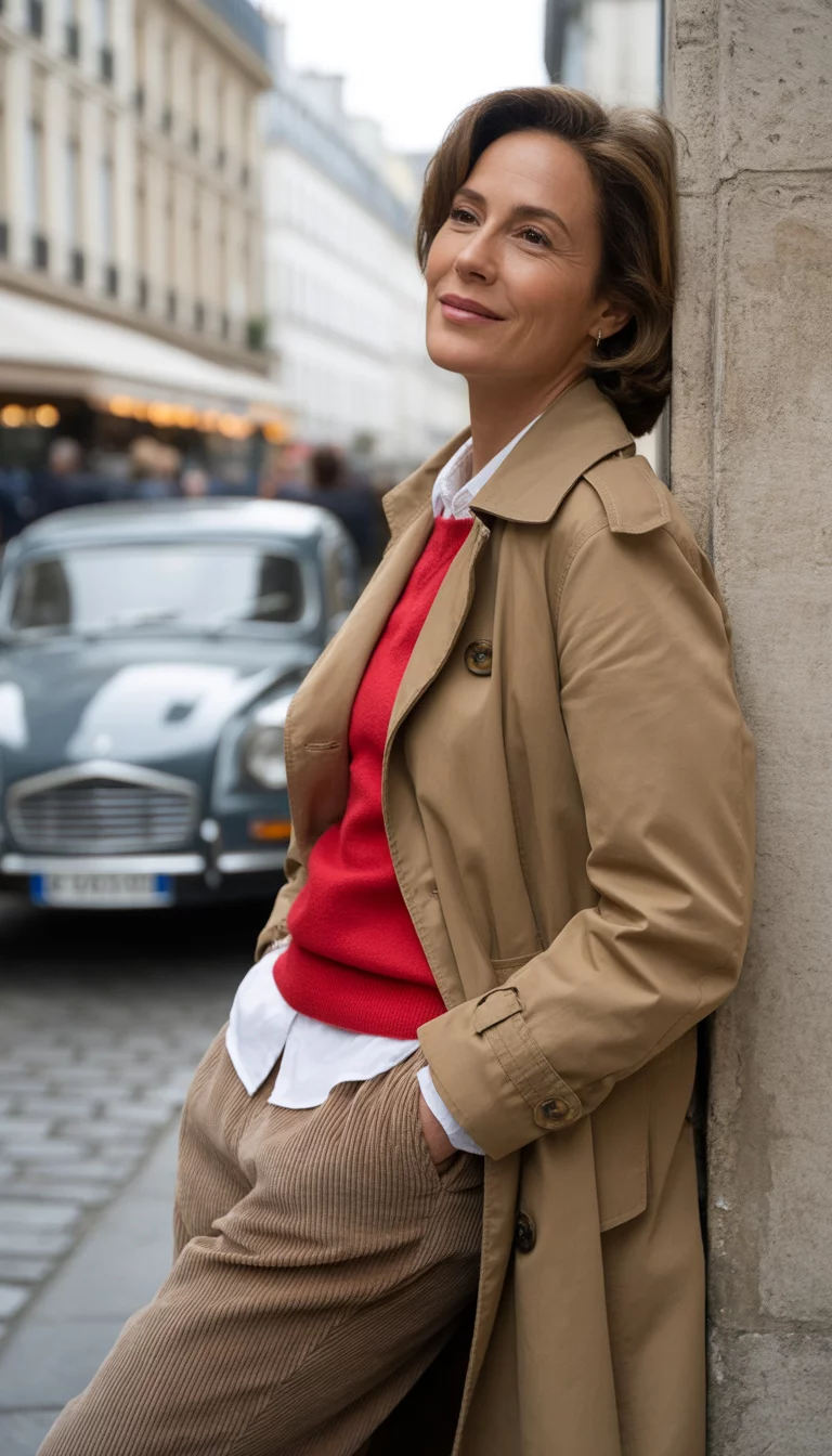 A beautiful 49-year-old woman in a tan coat, red sweater, white shirt, corduroy pants, she poses by a wall in Paris.