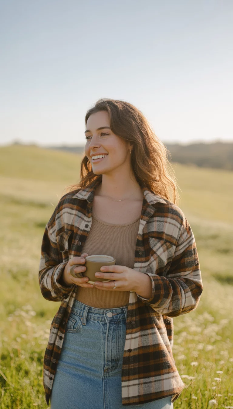 A beautiful 28-year-old woman in a plaid flannel shirt, tan tank top, light wash denim skirt, she holds a coffee cup, outdoors.