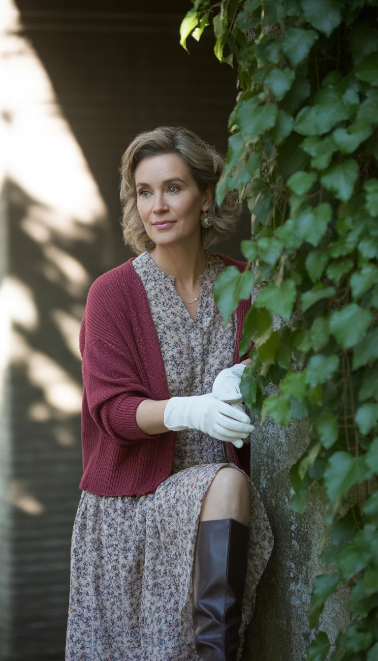 A beautiful 40-year-old woman in a floral print dress, burgundy cardigan, white gloves, she wears brown knee-high boots, standing near an ivy-covered wall.
