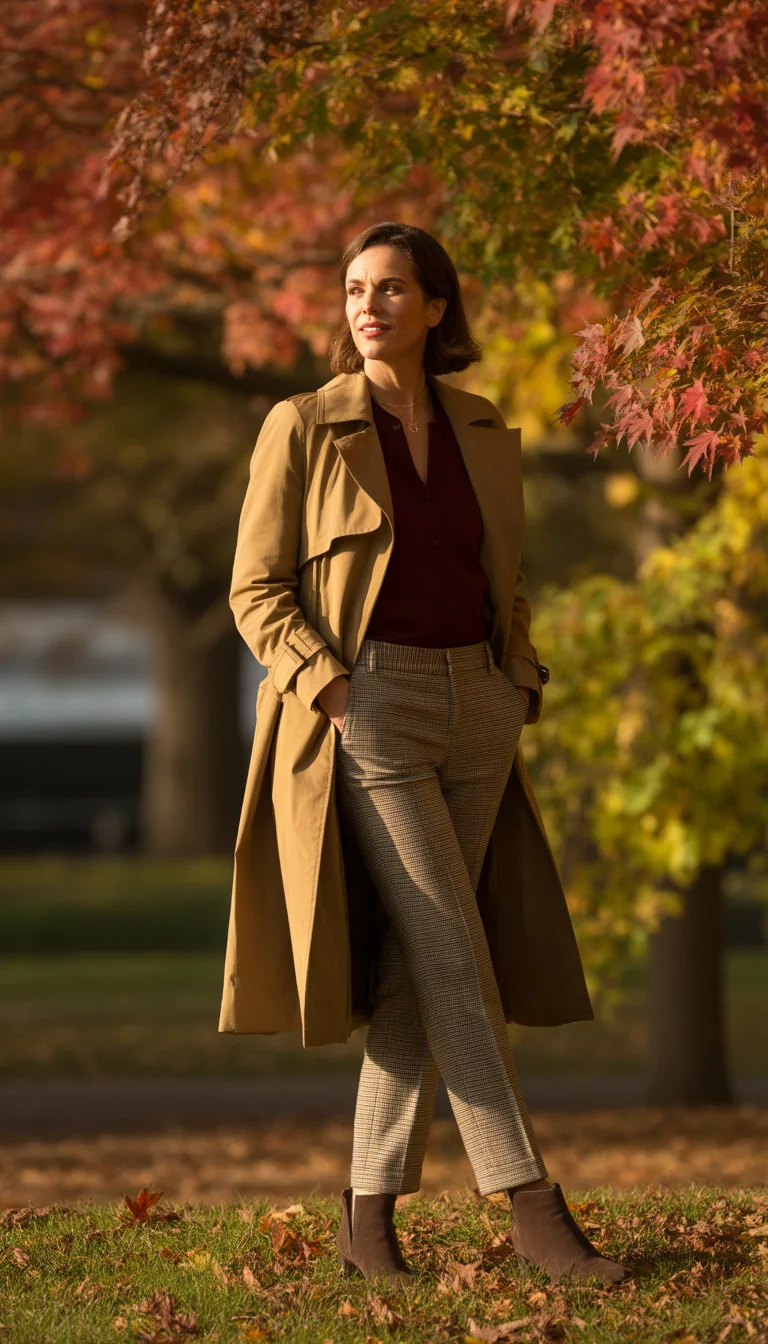 A beautiful 39-year-old woman in a tan trench coat, burgundy top, plaid pants, she wears brown ankle boots, stands by autumn foliage.