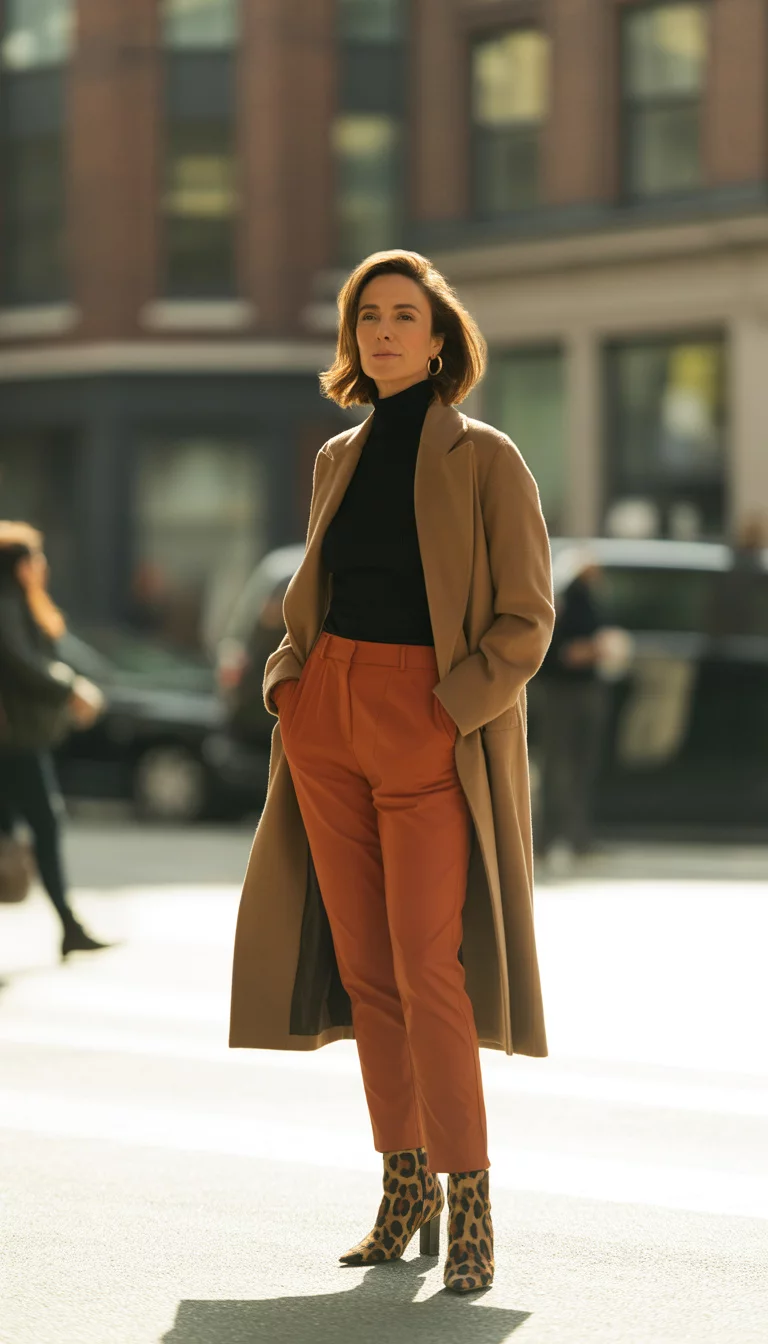 A beautiful 37-year-old woman in a tan oversized coat, turtleneck, burnt orange pants, she wears leopard print ankle boots, outdoors.