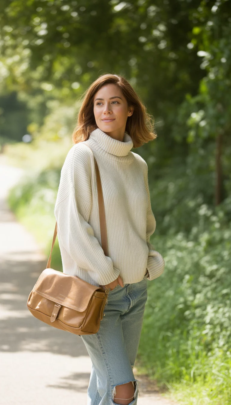 A beautiful 25-year-old woman in a chunky knit turtleneck sweater, ripped light-wash jeans, she carries a tan crossbody bag, outdoors.