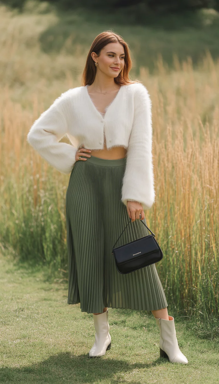 A beautiful 26-year-old woman in a white fuzzy cropped cardigan, green pleated skirt, white boots, she holds a black purse, outdoors.