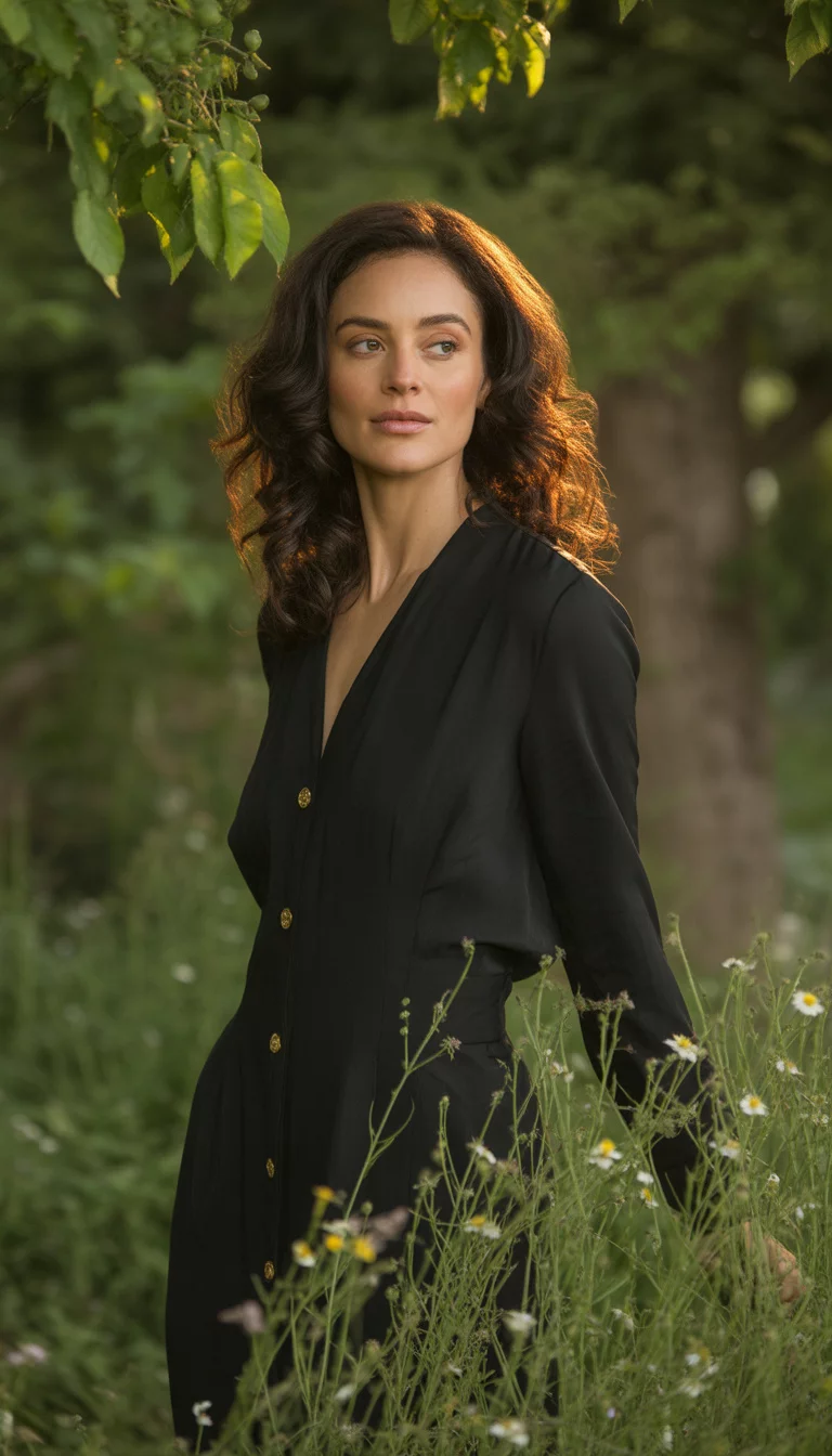 A beautiful 35-year-old woman in a black button-up dress with gold accents, her dark wavy hair flows, she stands amongst greenery.