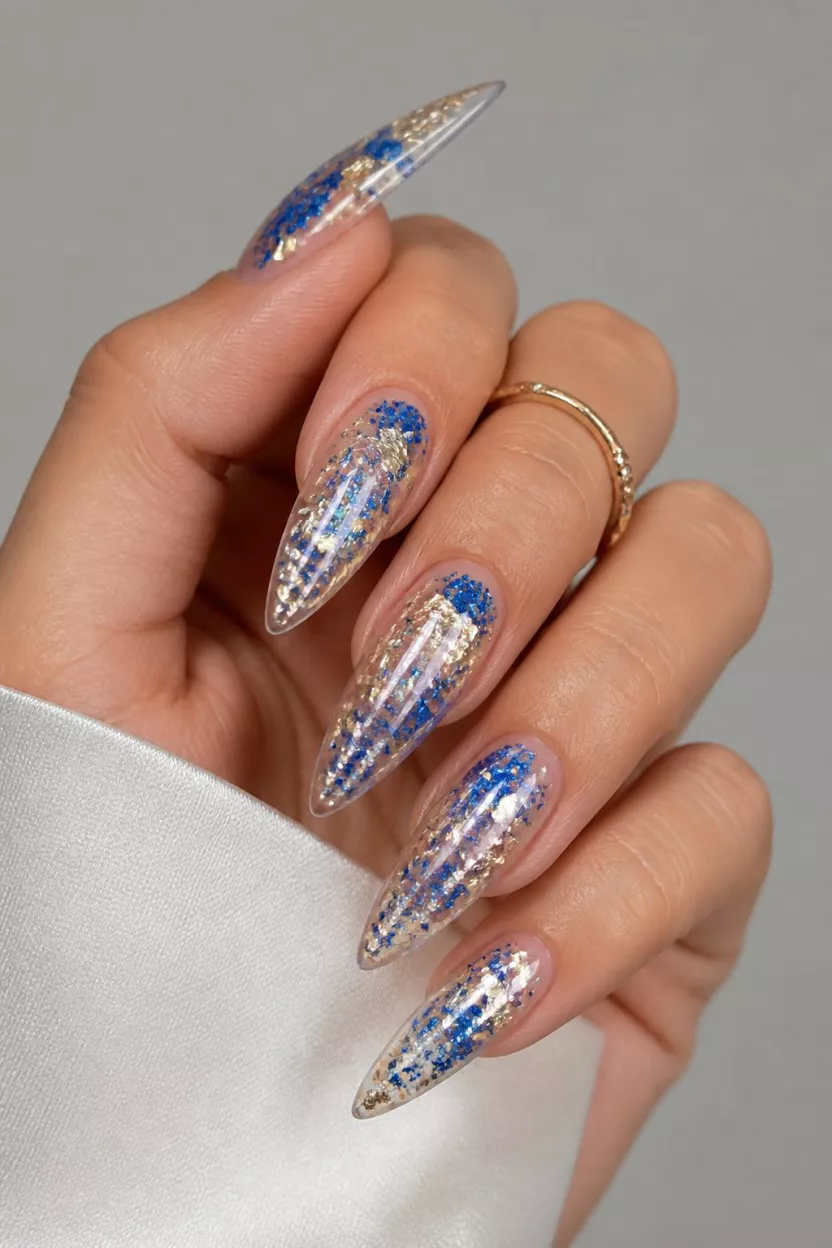 close-up shot of a woman’s hand with five fingers showing long, pointed nails featuring a clear base with dramatic patches of blue glitter and silver/gold foil.