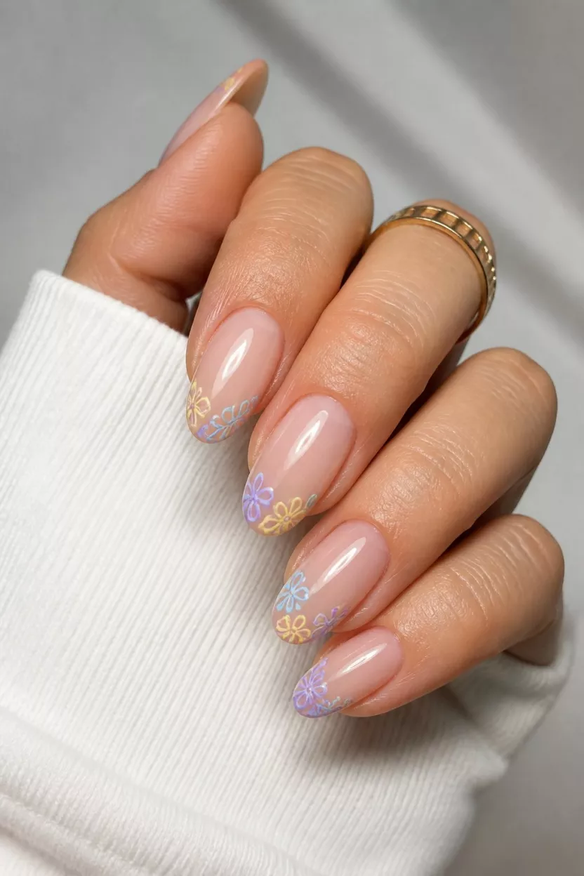 close-up shot of a woman’s hand with five fingers showing almond-shaped nails with a sheer base and delicate outlines of small pastel flowers in yellow, purple, and blue at the tips.